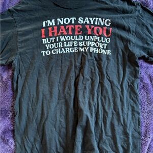 Black Graphic T-Shirt with Red and White Text